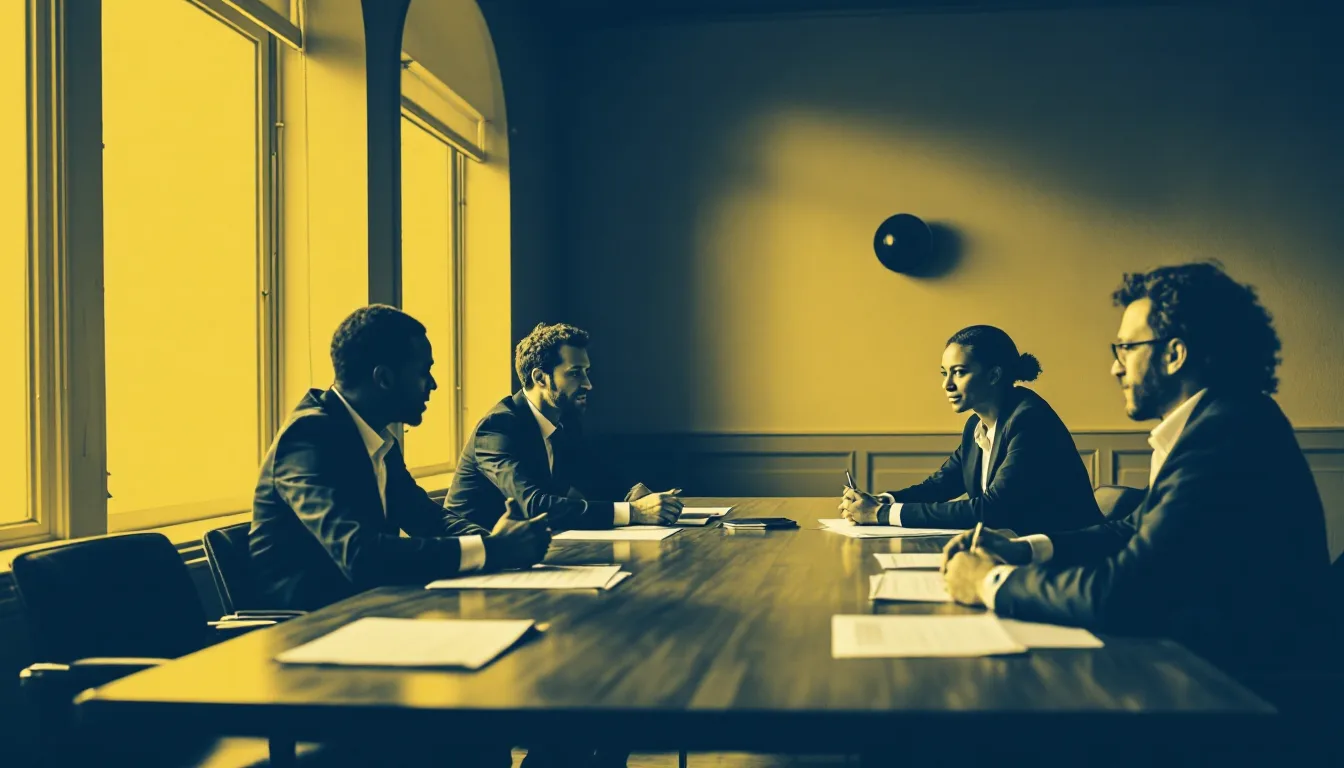 A structured interview panel reviewing candidate briefs